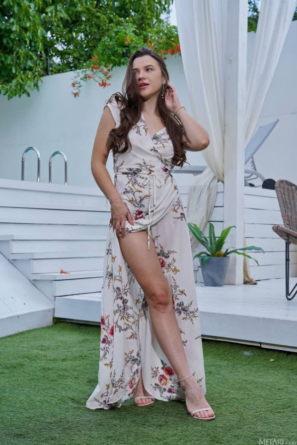 Hot brunette strips dress off, nude heels on grass