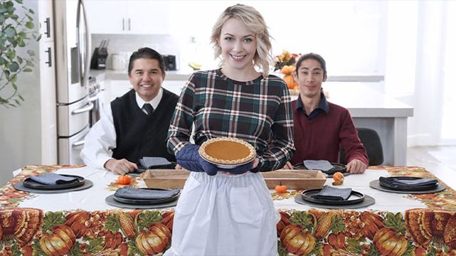 She serves pie then gets stuffed by both guys on the couch