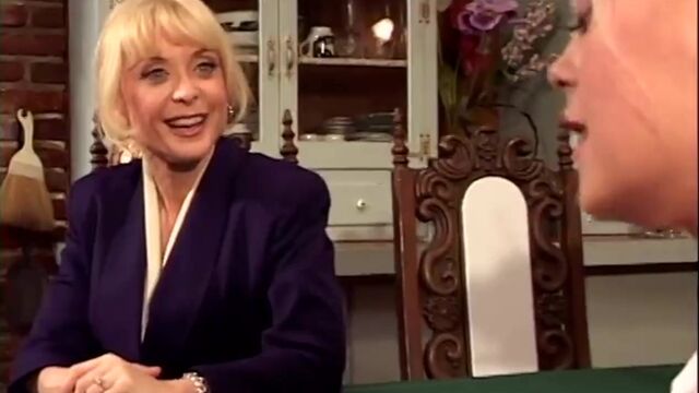 Nina Hartley and the blonde strip down and Nina eats and toys her cunt