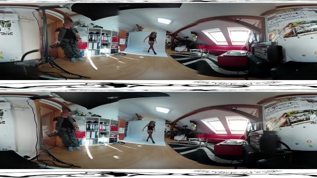Sarah Kay walks across the room while the cuckold watches