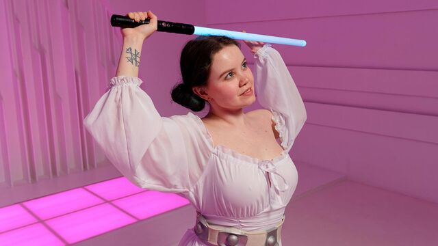 Rebecca Nikson drops the lightsaber and gets face-banged, then hammered in doggystyle and rails cowgirl