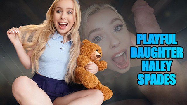 Haley Spades teases with a teddy bear then gets proneboned into the mattress
