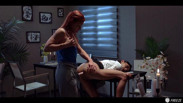Clemence Audiard rims and strap-on pounds a brunette over the massage table