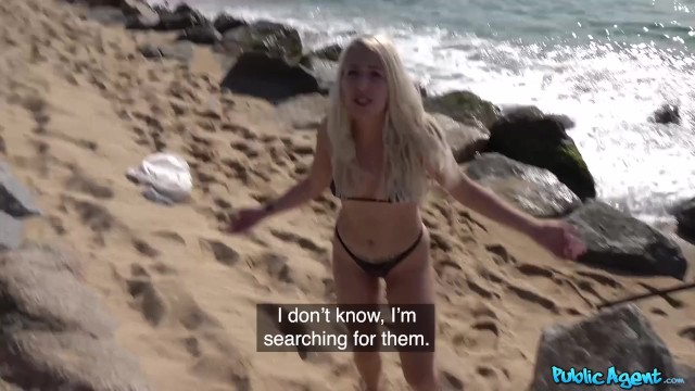 Blonde in Black Bikini Liz Rainbow Sucks Outside on Rocky Beach