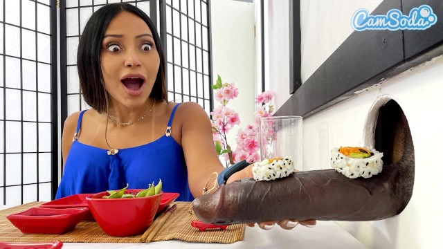 Katalina and friend find BBC gloryhole at sushi spot, throat it together